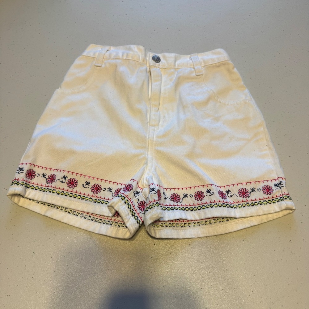 Vintage Floral Embroidered Girls Size 4 White Denim Shorts Faded Glory Boho 90s